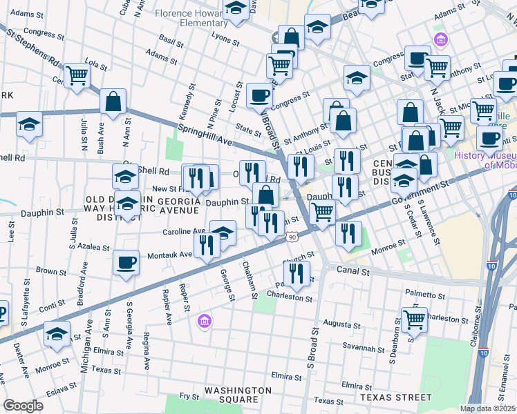 map of restaurants, bars, coffee shops, grocery stores, and more near 11 Common Street in Mobile