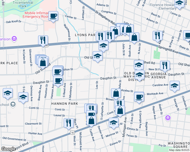 map of restaurants, bars, coffee shops, grocery stores, and more near in Mobile