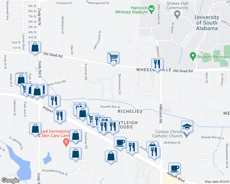 map of restaurants, bars, coffee shops, grocery stores, and more near 200 Burtonwood Drive in Mobile