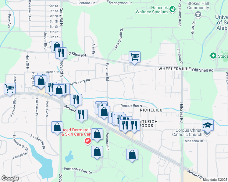 map of restaurants, bars, coffee shops, grocery stores, and more near 151 Foreman Road in Mobile