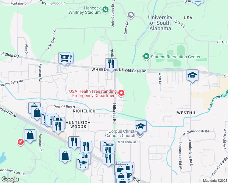 map of restaurants, bars, coffee shops, grocery stores, and more near 6401 Cedar Bend Court in Mobile