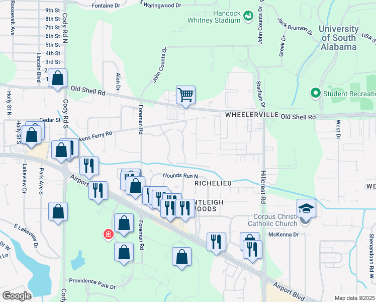 map of restaurants, bars, coffee shops, grocery stores, and more near 200 Burtonwood Drive in Mobile