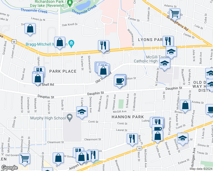 map of restaurants, bars, coffee shops, grocery stores, and more near 12 Kenneth Street in Mobile
