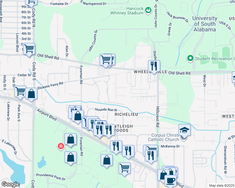 map of restaurants, bars, coffee shops, grocery stores, and more near 6570 Evelyn Drive in Mobile