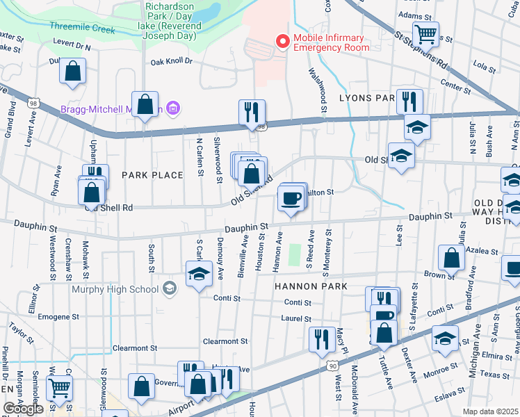 map of restaurants, bars, coffee shops, grocery stores, and more near 1800 Dauphin Street in Mobile