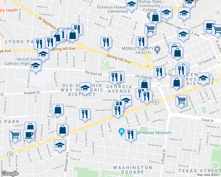 map of restaurants, bars, coffee shops, grocery stores, and more near 1112 Dauphin Street in Mobile