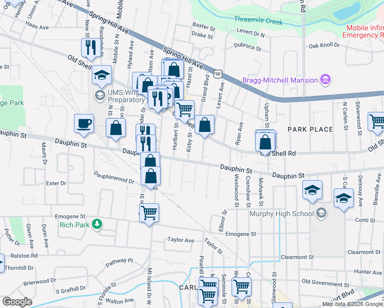 map of restaurants, bars, coffee shops, grocery stores, and more near 1 Elizabeth Place in Mobile