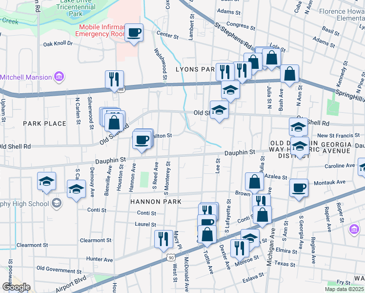 map of restaurants, bars, coffee shops, grocery stores, and more near 1574 Dauphin Street in Mobile