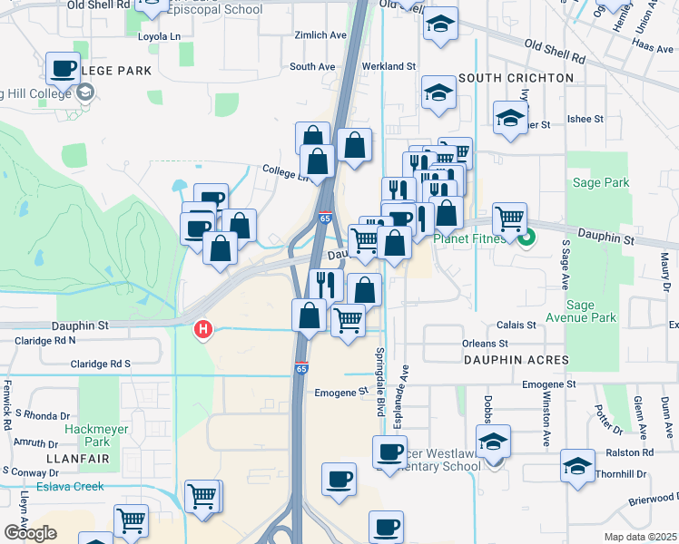 map of restaurants, bars, coffee shops, grocery stores, and more near 165 East Interstate 65 Service Road South in Mobile