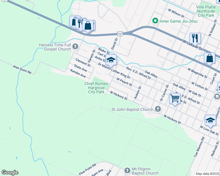 map of restaurants, bars, coffee shops, grocery stores, and more near 805 Alton Locks Street in Ville Platte