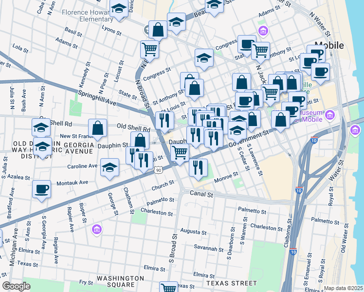 map of restaurants, bars, coffee shops, grocery stores, and more near in Mobile