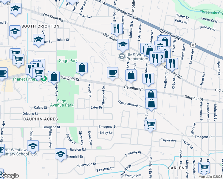 map of restaurants, bars, coffee shops, grocery stores, and more near 16 East Chadwick Drive in Mobile