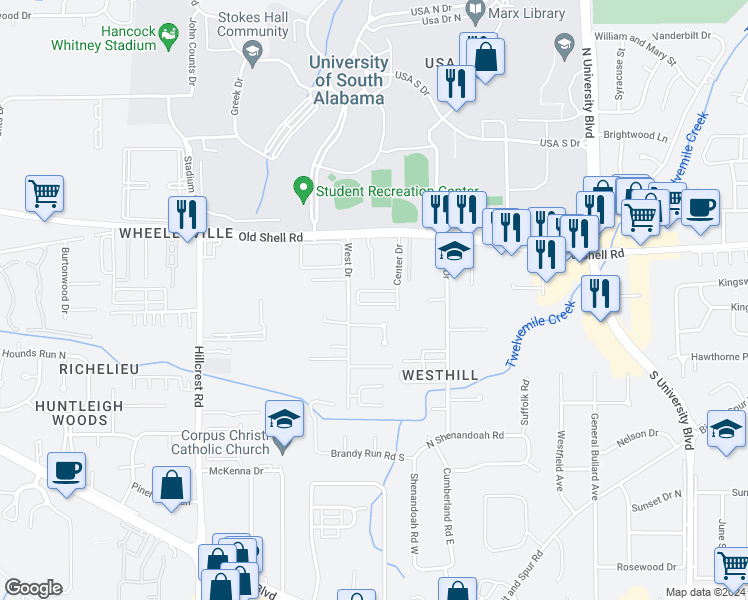 map of restaurants, bars, coffee shops, grocery stores, and more near 6130 Pherinwoods Court in Mobile