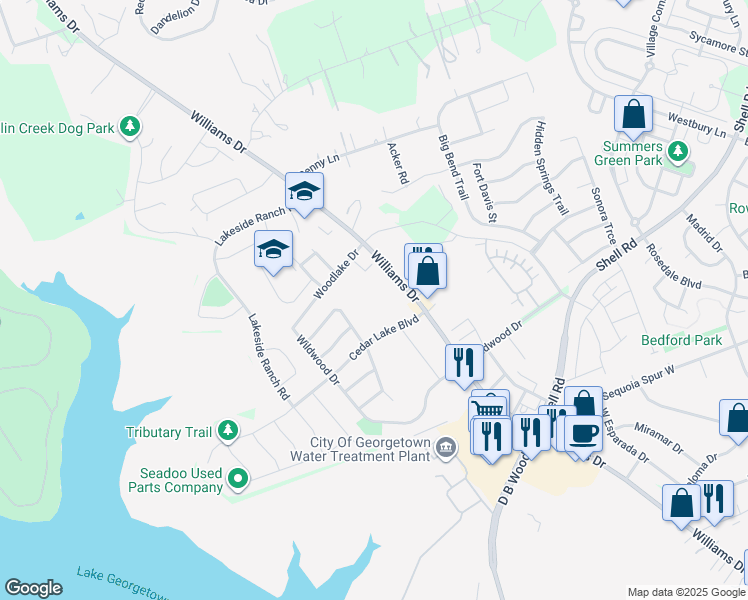map of restaurants, bars, coffee shops, grocery stores, and more near 4712 Woodstock Drive in Georgetown