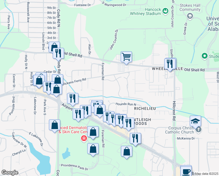 map of restaurants, bars, coffee shops, grocery stores, and more near 151 Foreman Road in Mobile