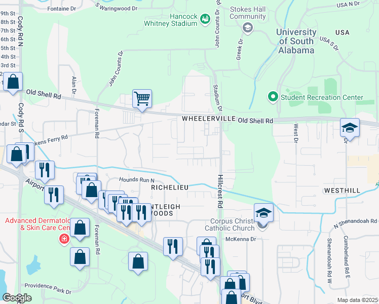 map of restaurants, bars, coffee shops, grocery stores, and more near 6462 Cedar Bend Court in Mobile