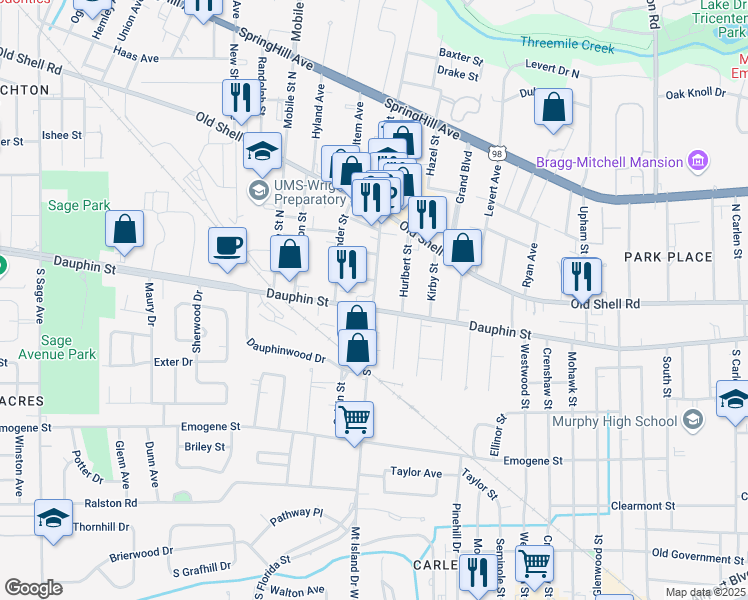 map of restaurants, bars, coffee shops, grocery stores, and more near 2 North Florida Street in Mobile