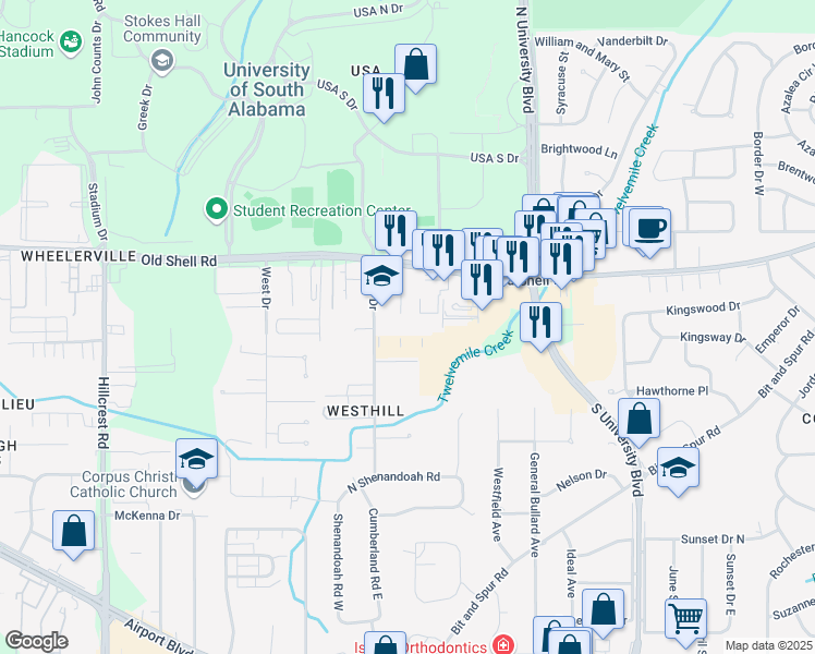map of restaurants, bars, coffee shops, grocery stores, and more near 71 Allen Drive in Mobile