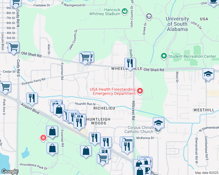 map of restaurants, bars, coffee shops, grocery stores, and more near 6478 Cedar Bend Court in Mobile