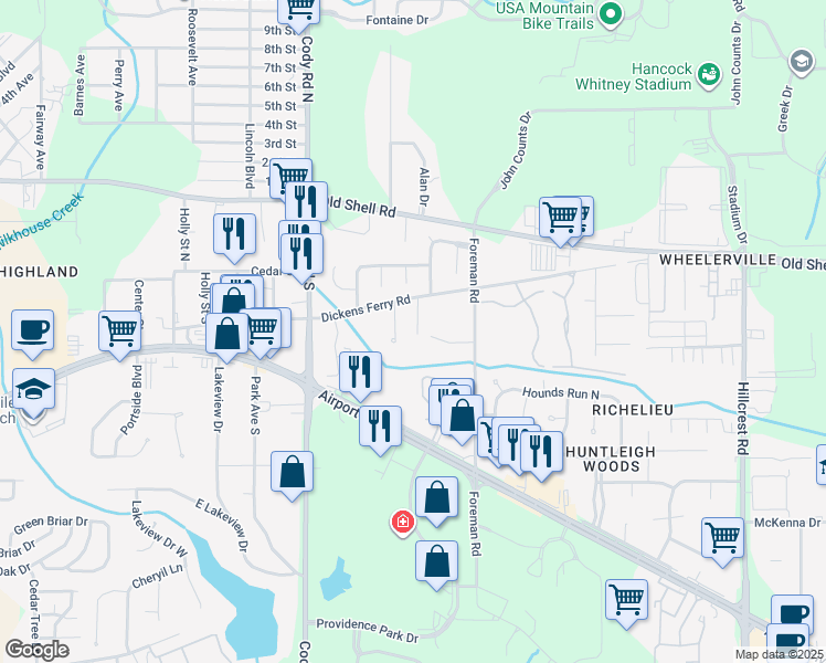 map of restaurants, bars, coffee shops, grocery stores, and more near 6933 Dickens Ferry Road in Mobile
