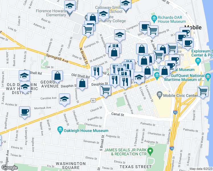 map of restaurants, bars, coffee shops, grocery stores, and more near 800 Conti Street in Mobile