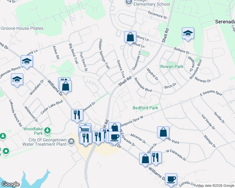 map of restaurants, bars, coffee shops, grocery stores, and more near 524 Clubhouse Drive in Georgetown