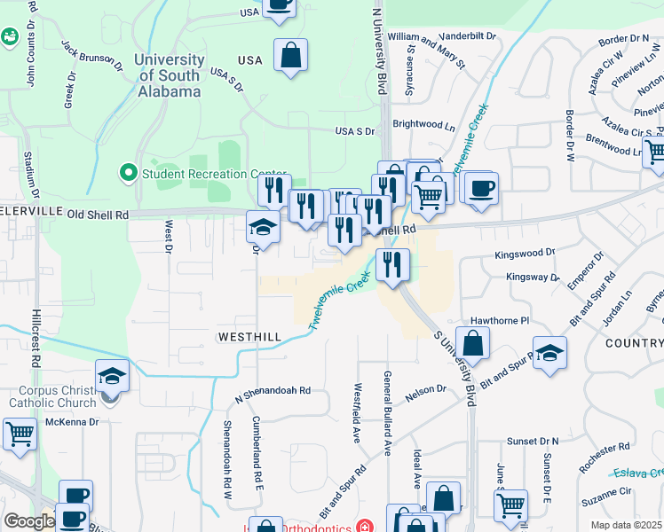 map of restaurants, bars, coffee shops, grocery stores, and more near 5803 Old Shell Road in Mobile