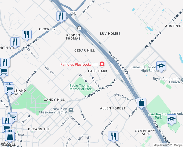 map of restaurants, bars, coffee shops, grocery stores, and more near 800 Dumas Drive in Bryan