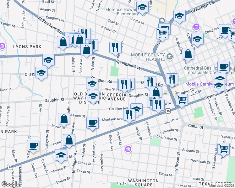 map of restaurants, bars, coffee shops, grocery stores, and more near 1158 New Saint Francis Street in Mobile