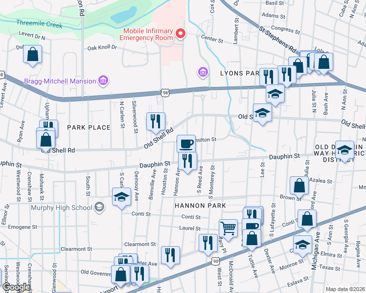 map of restaurants, bars, coffee shops, grocery stores, and more near 1760 New Hamilton Street in Mobile