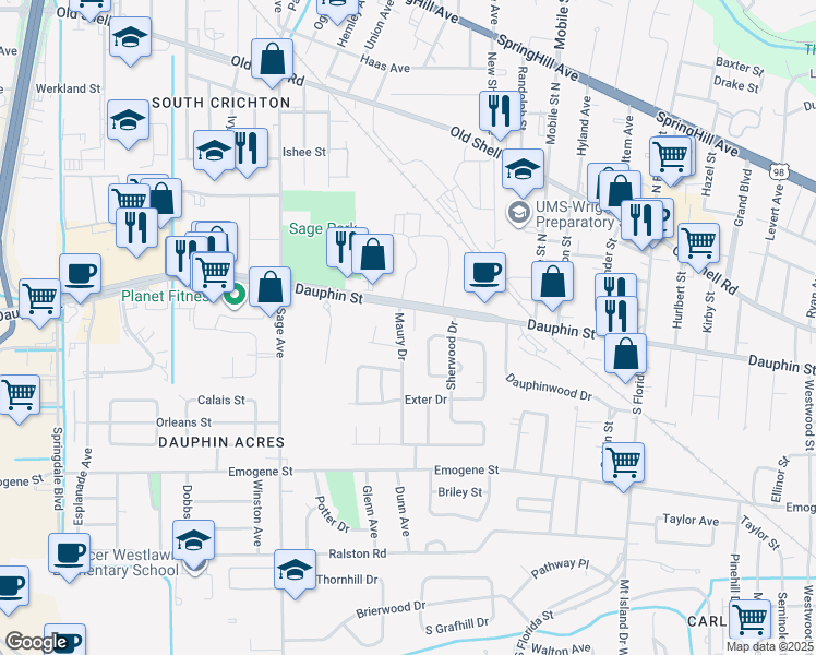 map of restaurants, bars, coffee shops, grocery stores, and more near 2859 Dauphin Street in Mobile