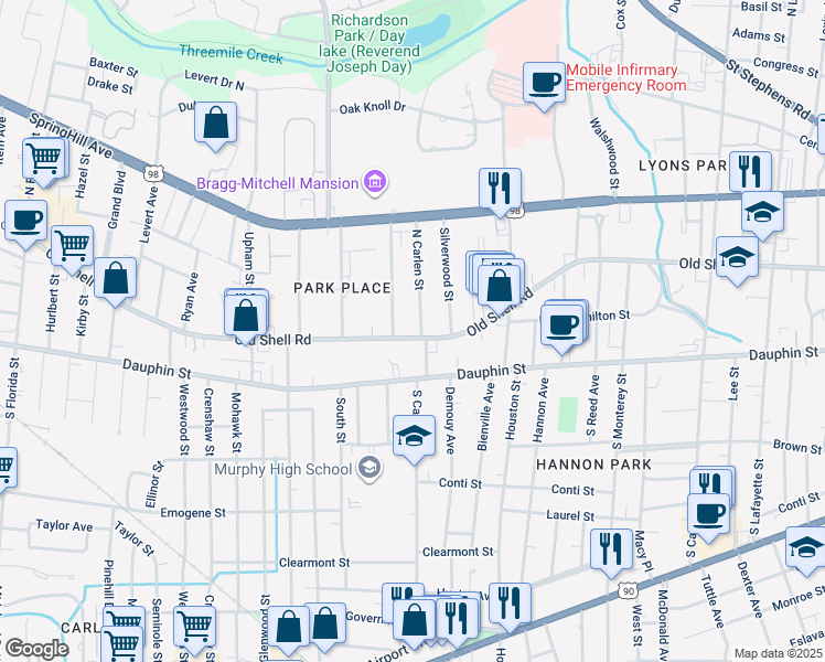 map of restaurants, bars, coffee shops, grocery stores, and more near 110 North Carlen Street in Mobile