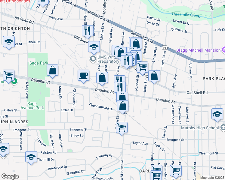 map of restaurants, bars, coffee shops, grocery stores, and more near 2604 Dauphin Street in Mobile