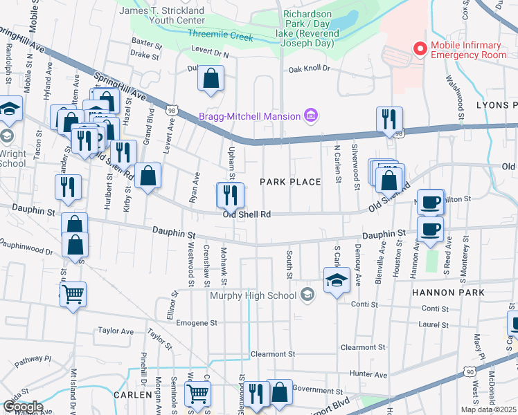 map of restaurants, bars, coffee shops, grocery stores, and more near 103 Florence Place in Mobile