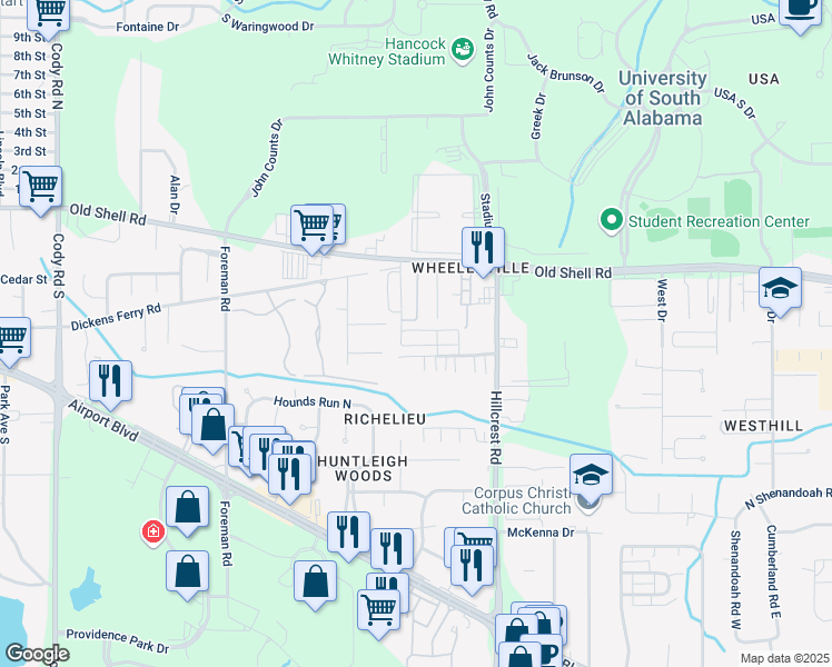 map of restaurants, bars, coffee shops, grocery stores, and more near 6478 Cedar Bend Court in Mobile