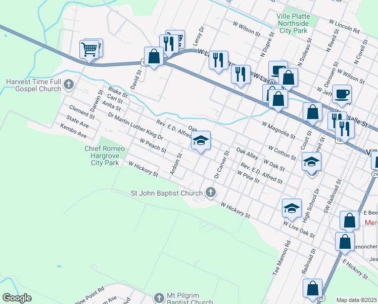 map of restaurants, bars, coffee shops, grocery stores, and more near 1000 Rev. E.D. Alfred Street in Ville Platte