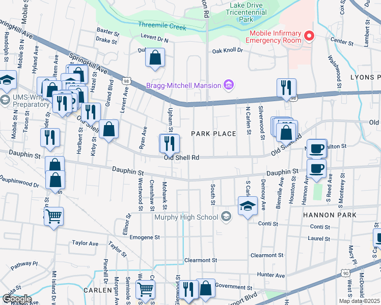 map of restaurants, bars, coffee shops, grocery stores, and more near 103 Florence Place in Mobile