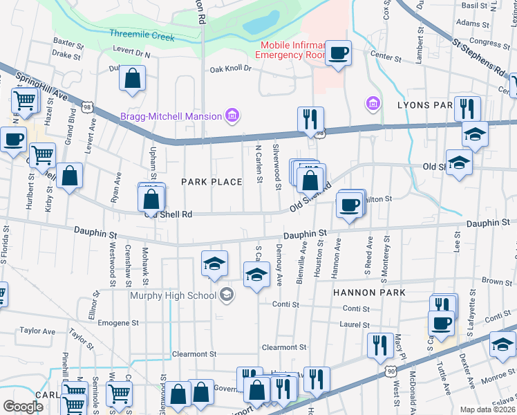 map of restaurants, bars, coffee shops, grocery stores, and more near 110 North Carlen Street in Mobile