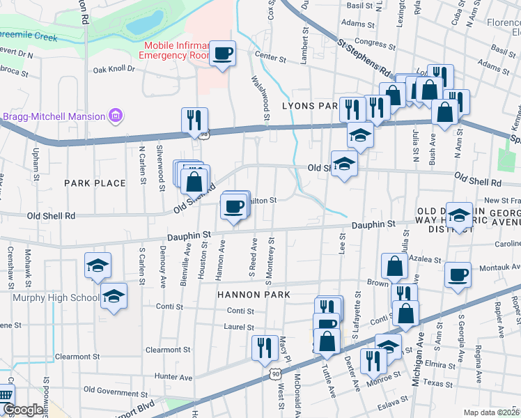 map of restaurants, bars, coffee shops, grocery stores, and more near 1650-1698 New Hamilton St in Mobile