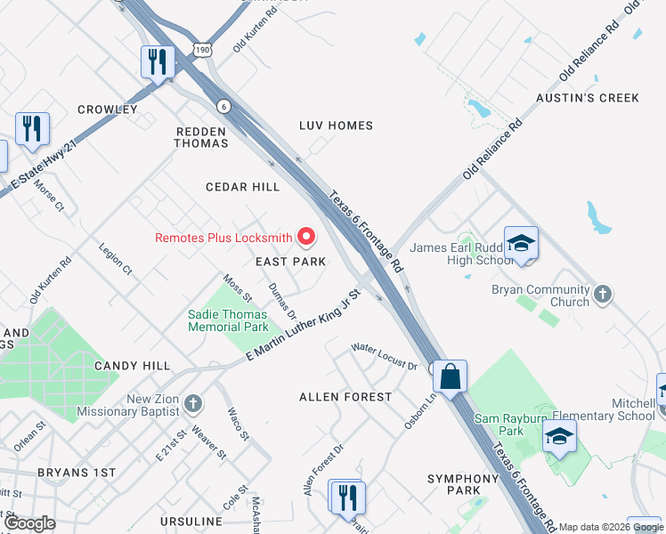 map of restaurants, bars, coffee shops, grocery stores, and more near 2113 Cabot Circle in Bryan