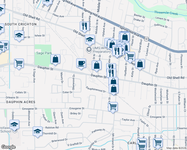 map of restaurants, bars, coffee shops, grocery stores, and more near 2650 Dauphin Street in Mobile