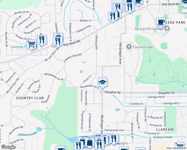 map of restaurants, bars, coffee shops, grocery stores, and more near 102 Hillwood Road in Mobile