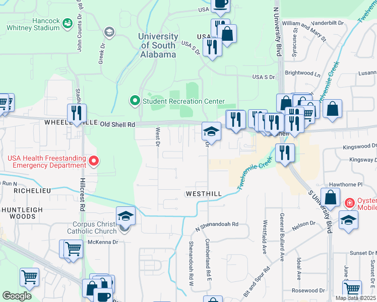 map of restaurants, bars, coffee shops, grocery stores, and more near 97 Center Drive in Mobile