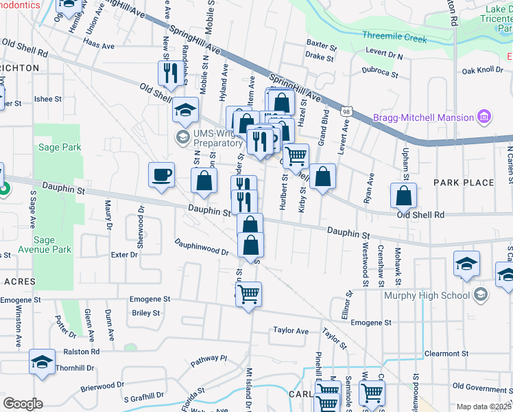 map of restaurants, bars, coffee shops, grocery stores, and more near 2559 Woodruff Street in Mobile
