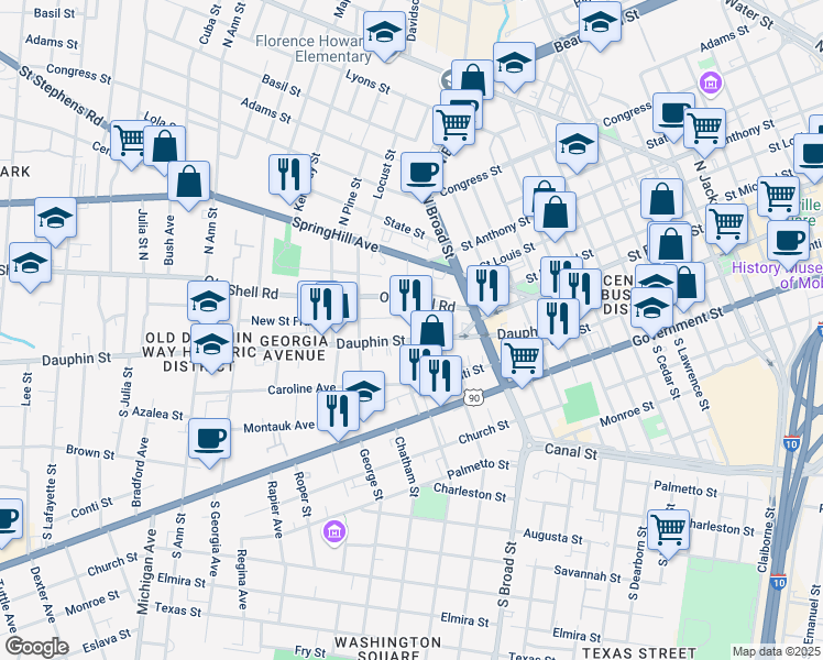 map of restaurants, bars, coffee shops, grocery stores, and more near 965 Old Shell Road in Mobile