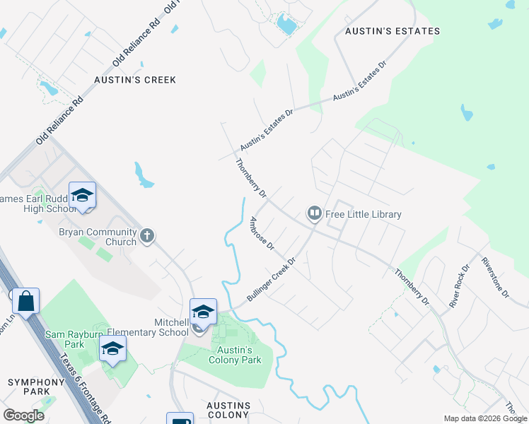 map of restaurants, bars, coffee shops, grocery stores, and more near 2942 Ambrose Drive in Bryan