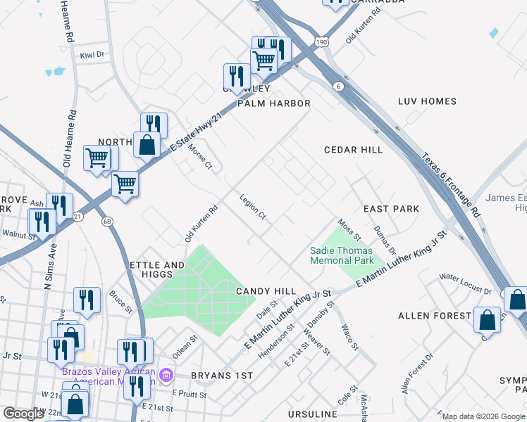 map of restaurants, bars, coffee shops, grocery stores, and more near 404 Legion Court in Bryan