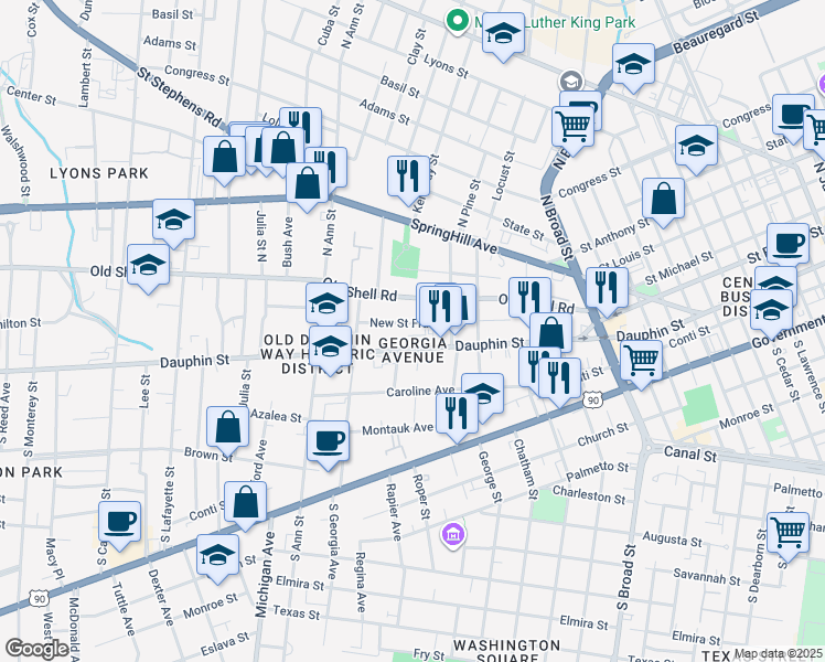 map of restaurants, bars, coffee shops, grocery stores, and more near 1158 New Saint Francis Street in Mobile