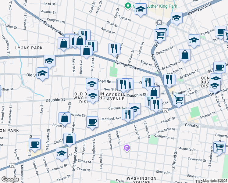 map of restaurants, bars, coffee shops, grocery stores, and more near 1158 New Saint Francis Street in Mobile
