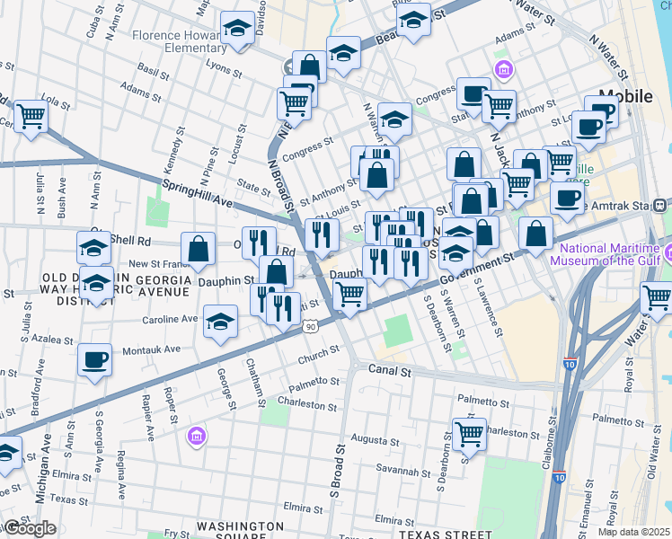 map of restaurants, bars, coffee shops, grocery stores, and more near 852 Dauphin Street in Mobile